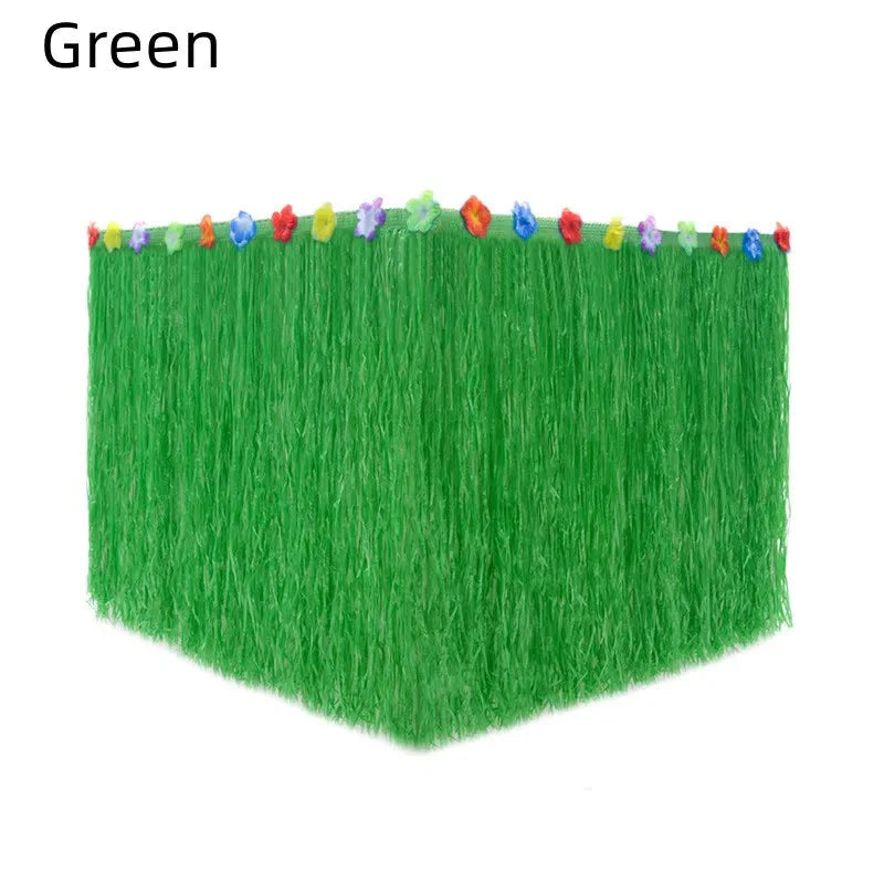 Hawaiian grass table skirt for tropical party decor by Showlu Fashion Store, natural woven grass with colorful accents