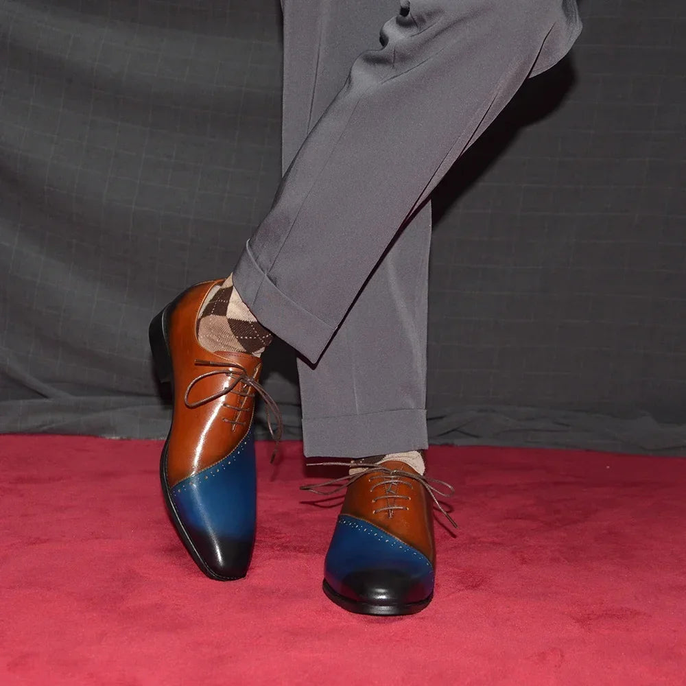 Genuine leather men's wedding dress shoes with pointed toe, lace-up design in brown and blue, formal oxford style.