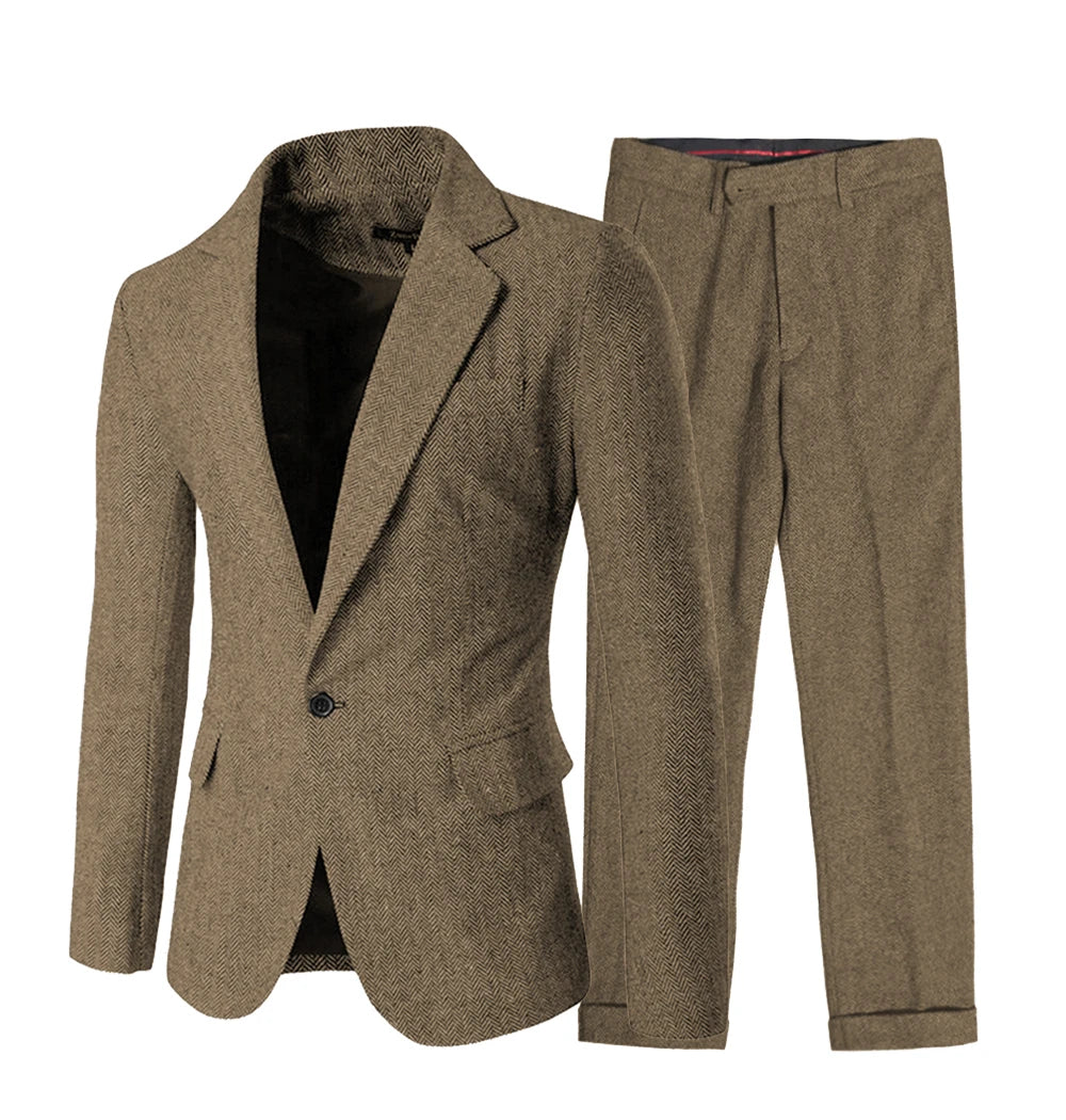 Elegant Men's Suit Set 2 Pieces Classic Fit One Button Daily Business Suits Herringbone Wool Wedding Groomsmen(Blazer+Pants)