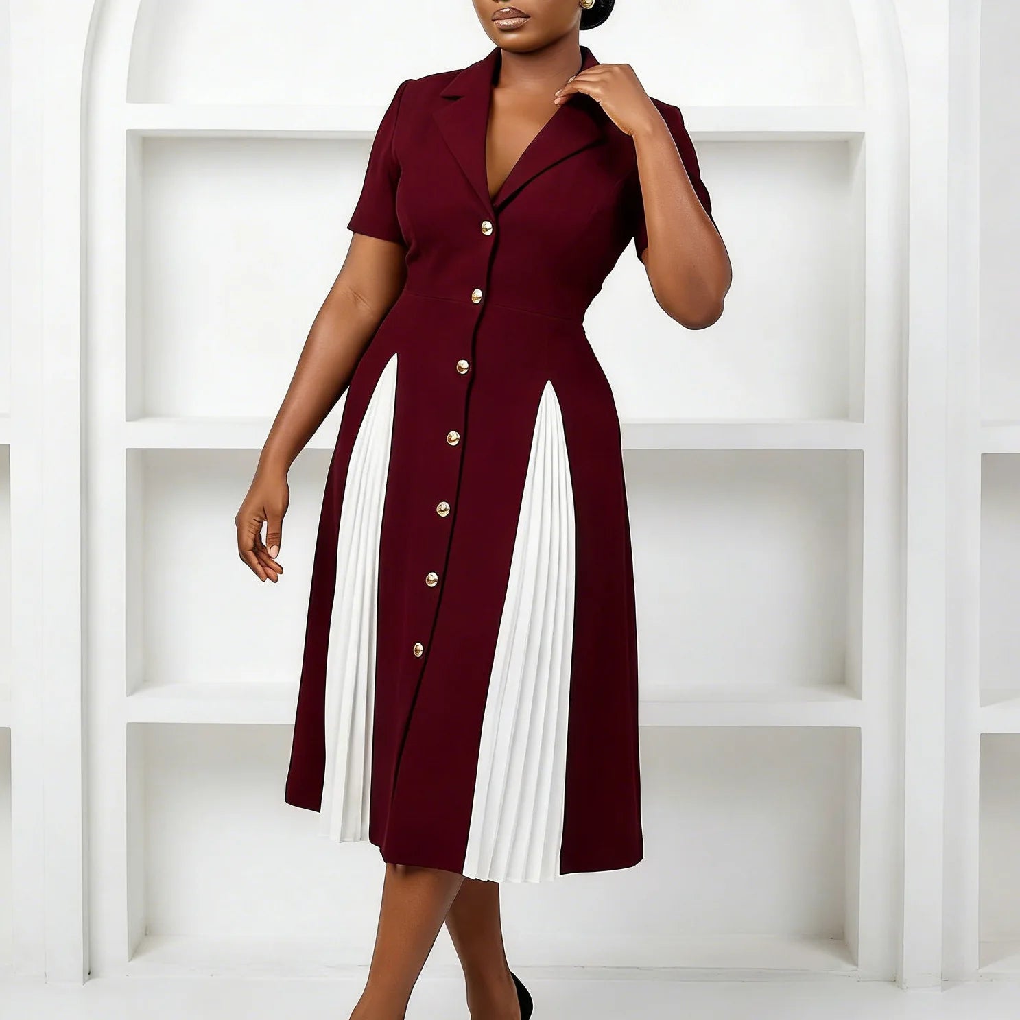 Elegant women's business casual dress by Showlu Fashion Store featuring patchwork cotton blend fabric, suitable for professional and casual wear.