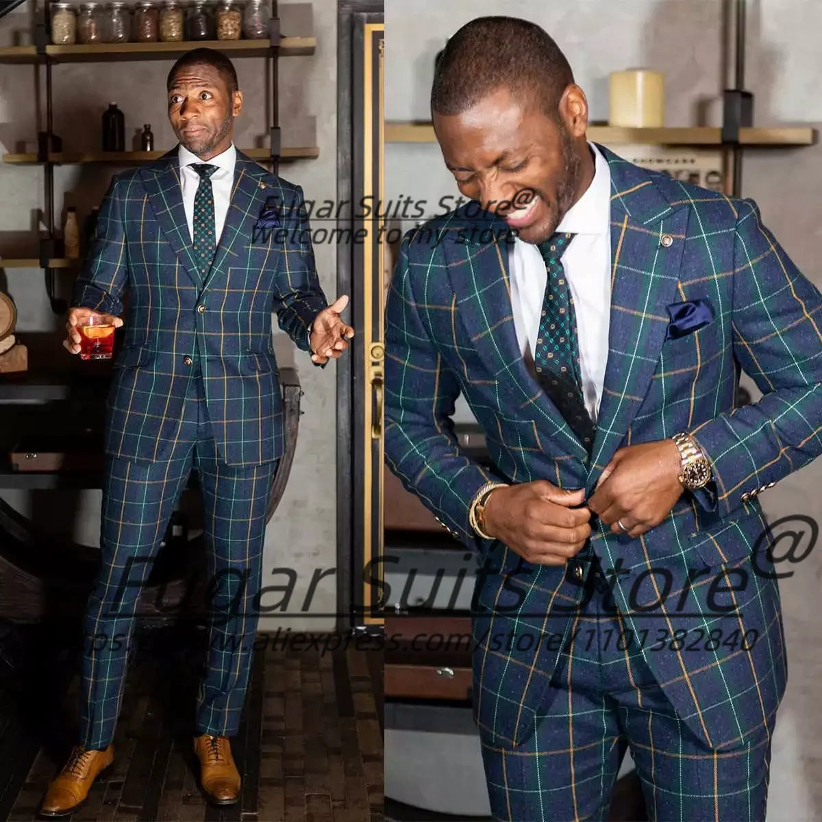 Colorful British-style plaid men's suit set with slim fit blazer and trousers, suitable for formal occasions and business wear.