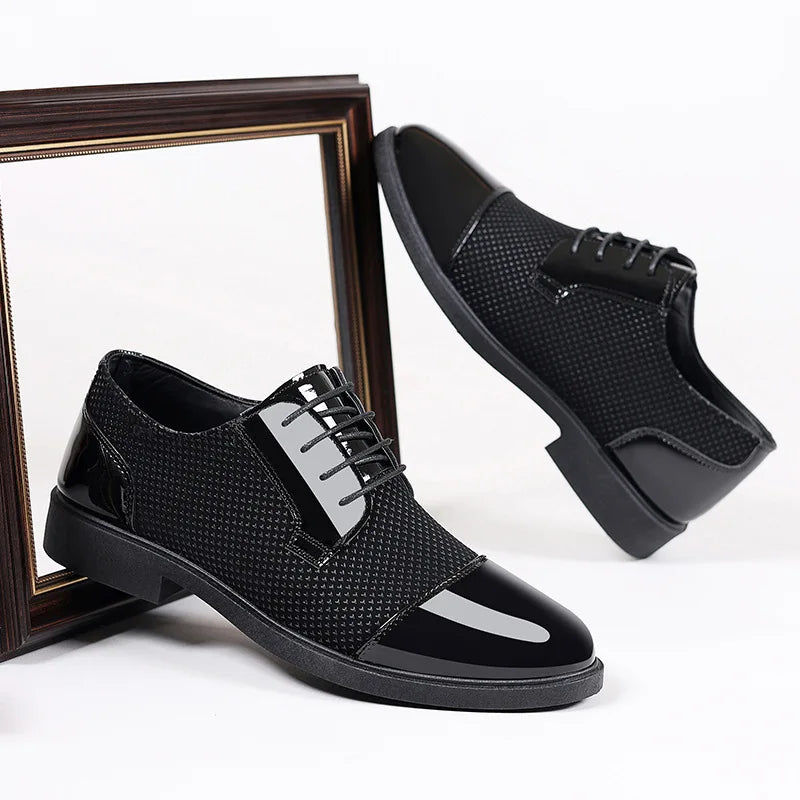 Black men's height increasing shoes with pointed toe design and breathable material, formal style by Showlu Fashion Store.