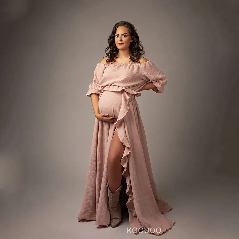 Showlu Fashion maternity dress with high slit, off-shoulder boho maxi design, ideal for beach pregnancy photoshoots and baby showers.