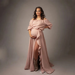Maternity Dress Photography Studio Prop Cotton High Slit Off Shoulder Boho Beach Pregnancy Photoshoot Maxi Dress For Baby Shower