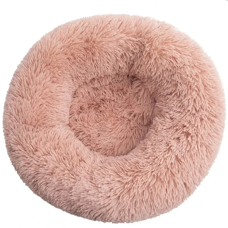 Soft round plush pet bed by Showlu Fashion Store, warm and cozy dog house for large dogs with a plush exterior and cushioned interior.