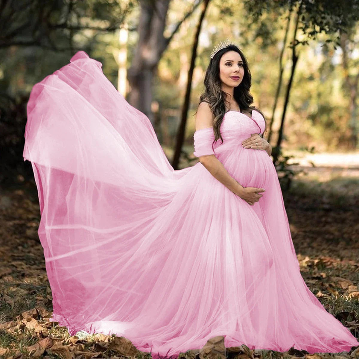 Showlu Lace Mesh Maternity Gown, off-shoulder pregnancy photo dress with elegant lace and flowing fabric, perfect for maternity photos.