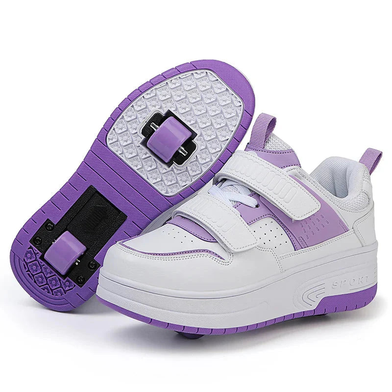 Kids roller skates by Jlmoito, white chunky skateboard shoes with two wheels, designed for children’s outdoor skating fun.