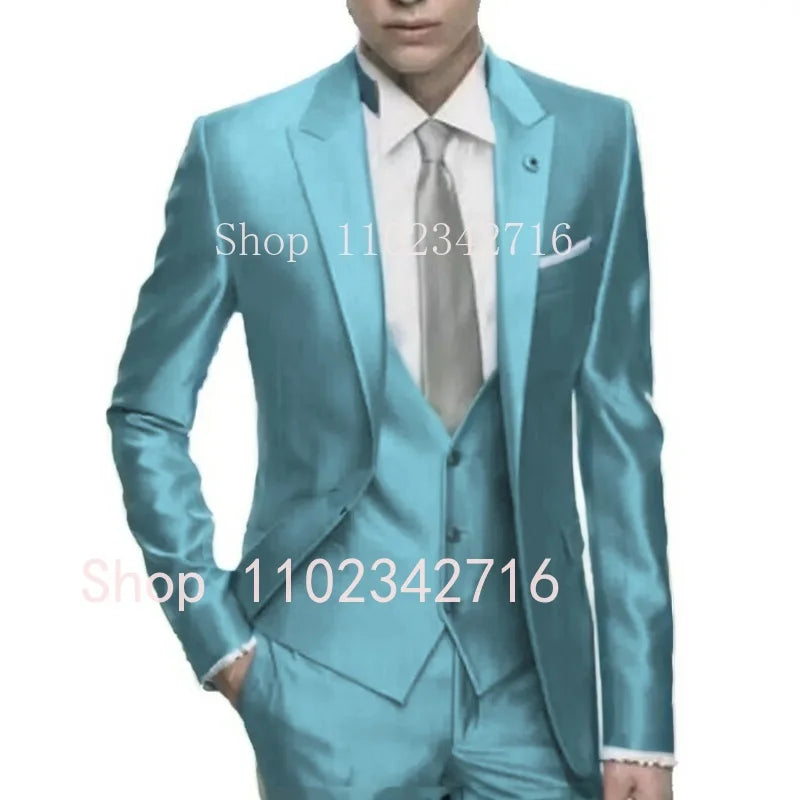 Showlu Silver Grey Satin men's 3-piece slim fit formal wedding tuxedo with jacket, vest, and trousers on a hanger.