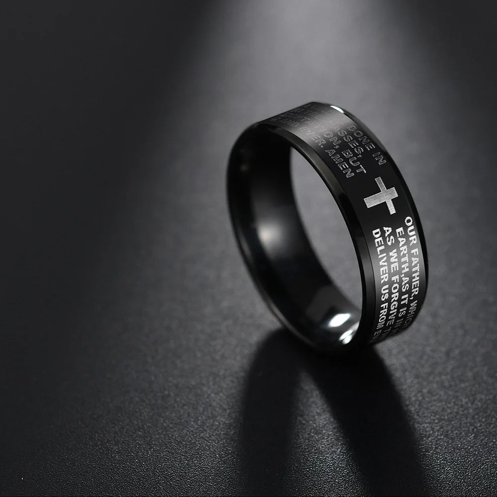 Utag Men's 8mm black stainless steel Bible prayer Jesus cross ring with engraved religious design.