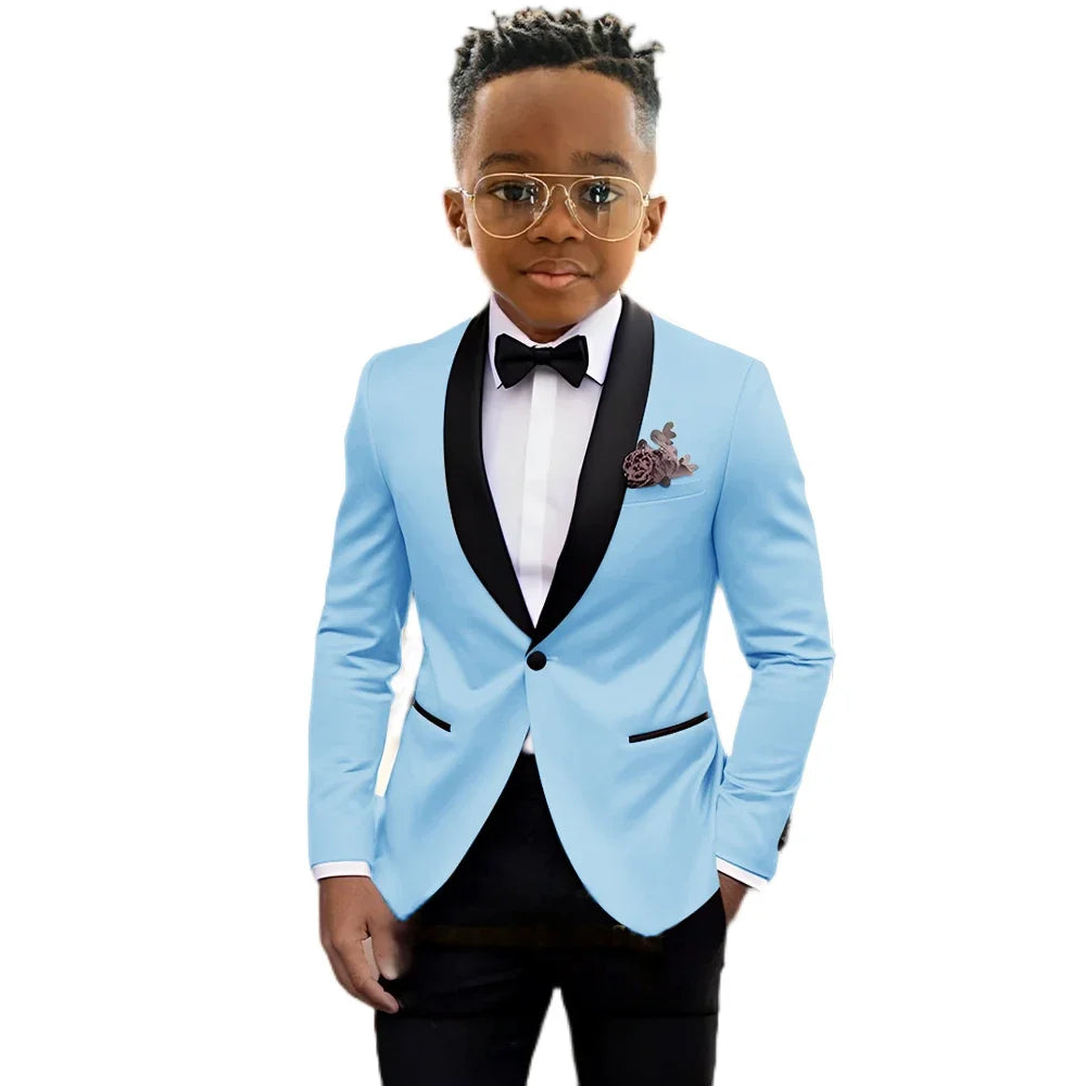 Boy's formal blazer and pant suit set by Showlu Fashion, suitable for weddings, parties, and stage performances for ages 2-16.