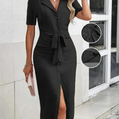 Solid Color Lapel Sexy V-neck Waist Tie Summer New Short Sleeved Long Sleeved Hem Slit Slim Fit Single Breasted Dress for Women
