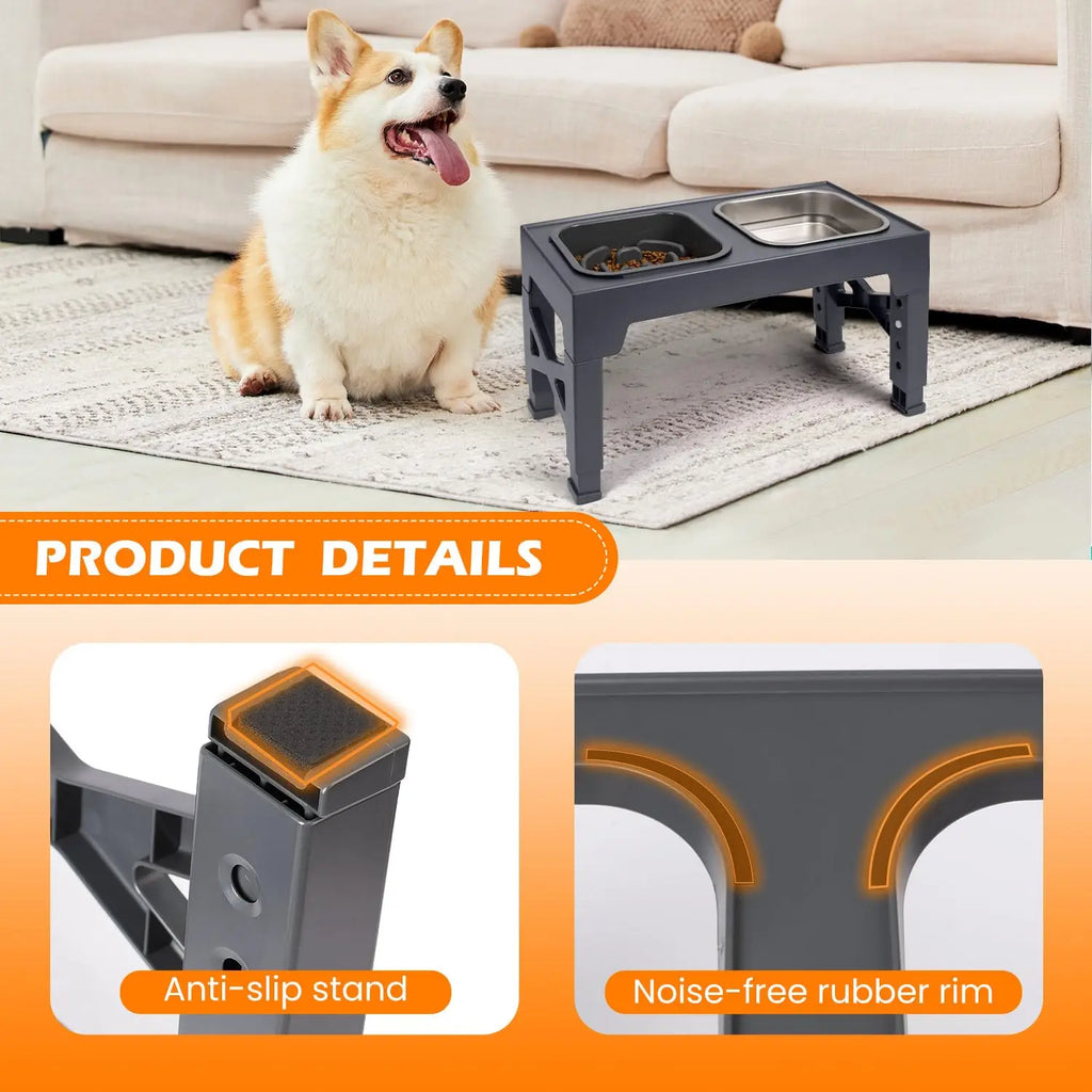 Stainless steel and plastic 2-in-1 elevated slow feeder dog bowls with foldable stand and non-slip base.