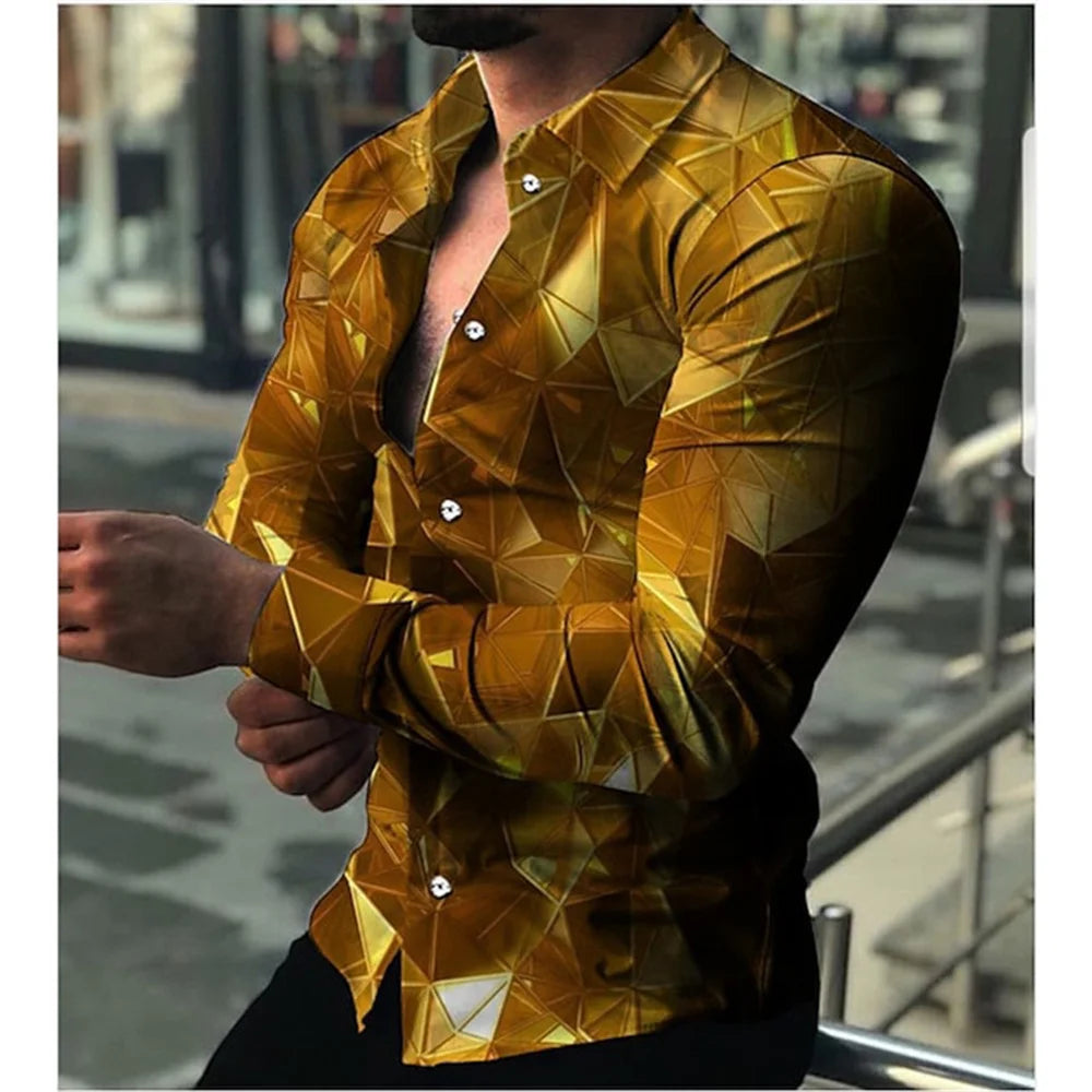 Men's casual long sleeve shirt by Showlu Fashion, featuring a lapel collar and single-breasted design, suitable for streetwear and everyday wear.