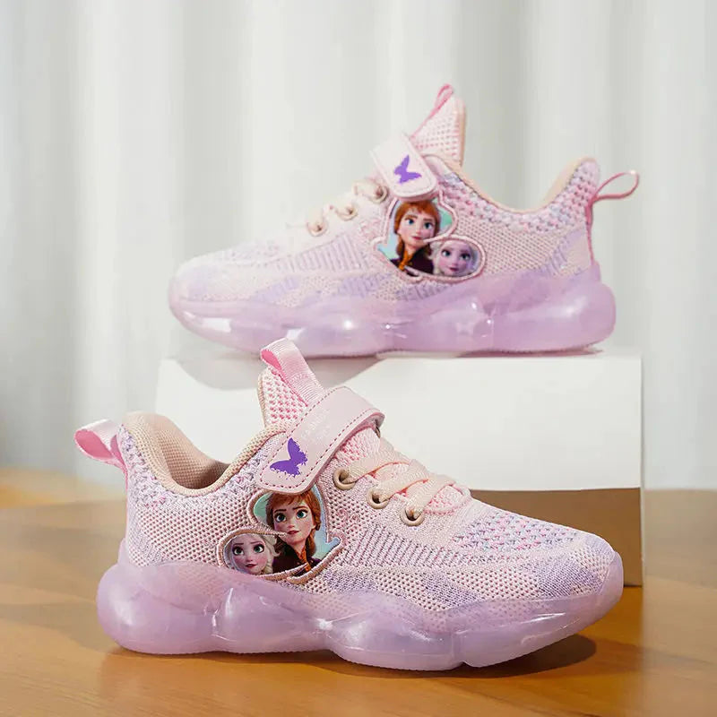 Pink Disney Frozen Elsa girls' mesh running shoes with breathable design and playful character details for active wear