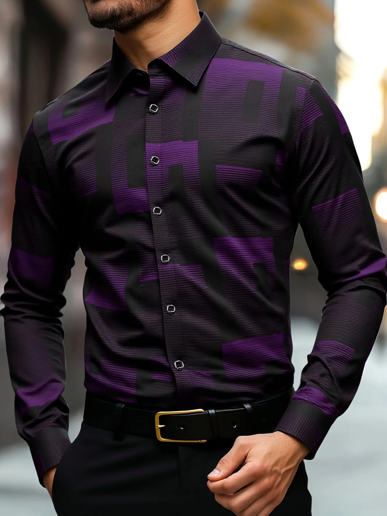 Men's slim fit geometric print shirt by Showlu Fashion Store with classic collar, button-up front, suitable for office and casual wear.