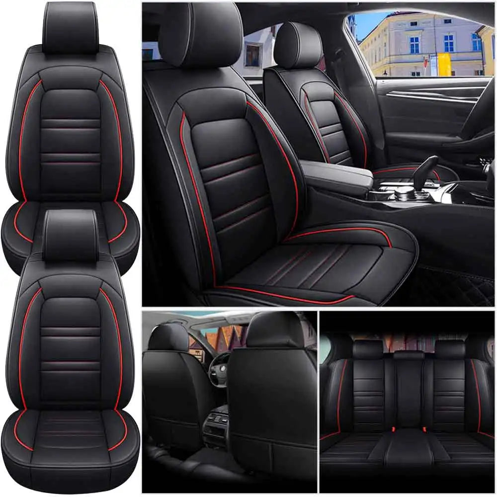 Showlu Universal 5-seat PU leather car seat covers set, full protection for front and rear seats, black leather upholstery.
