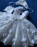 White Faiokaver baby girl lace baptism gown with 3D flower details, perfect for christening or baptism ceremonies.
