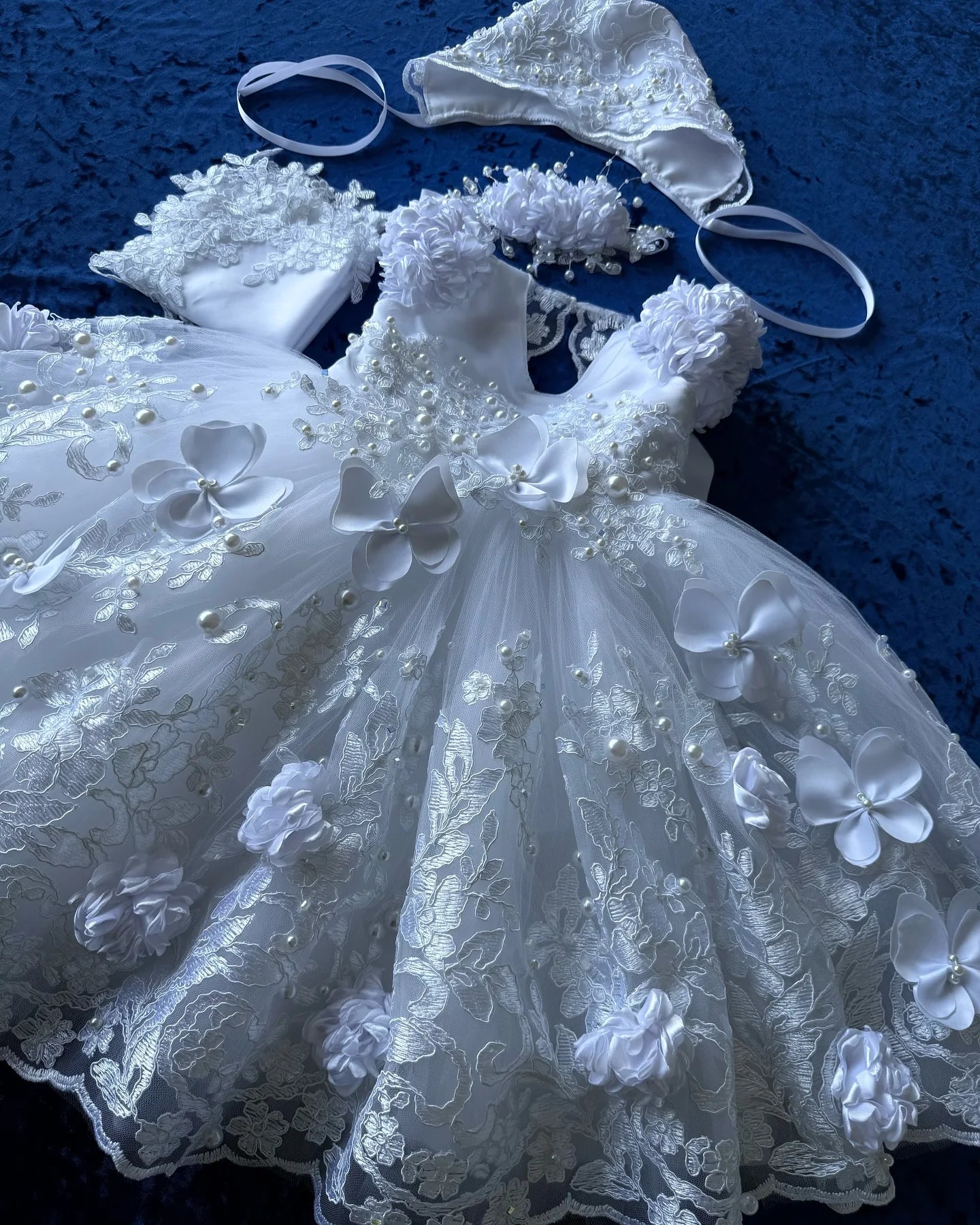 White Faiokaver baby girl lace baptism gown with 3D flower details, perfect for christening or baptism ceremonies.