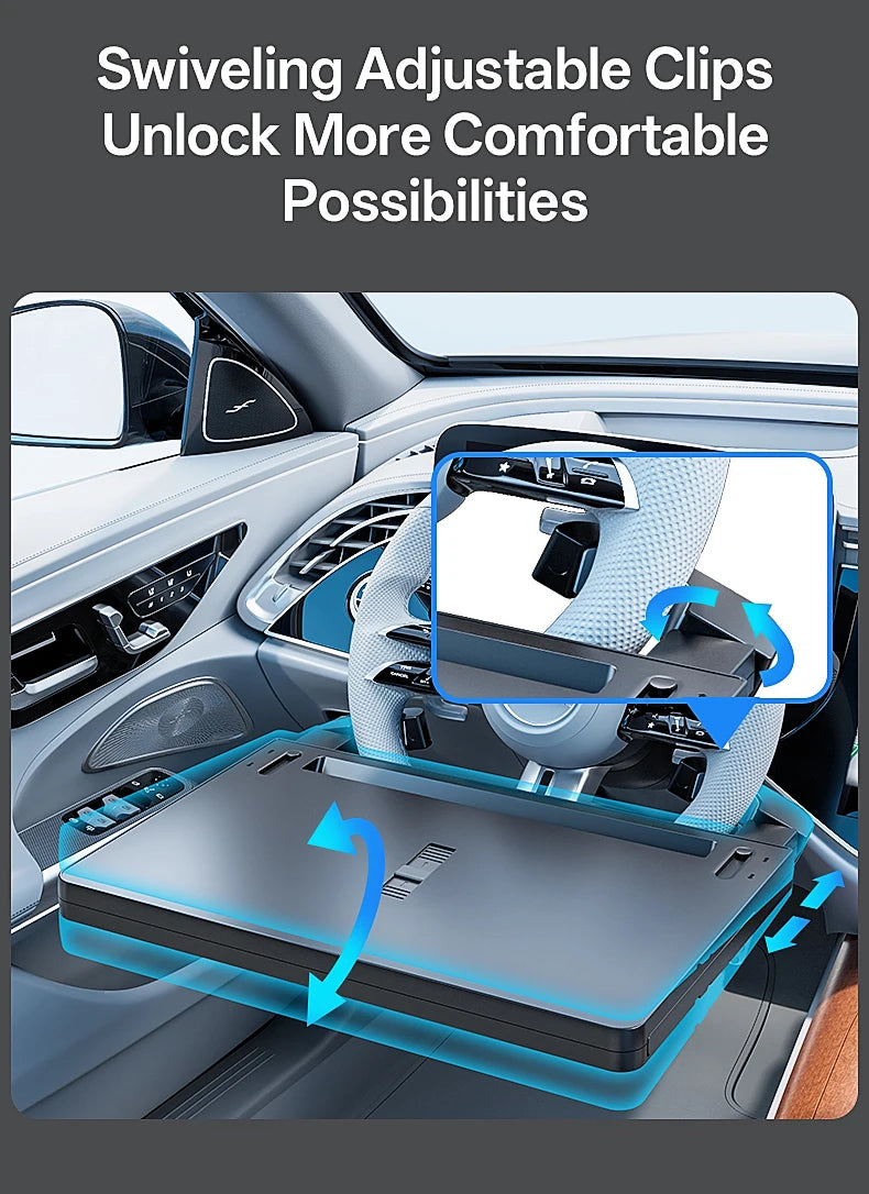 Showlu Smart General car steering wheel tray attached to steering wheel, providing a convenient surface for dining or work inside a vehicle.