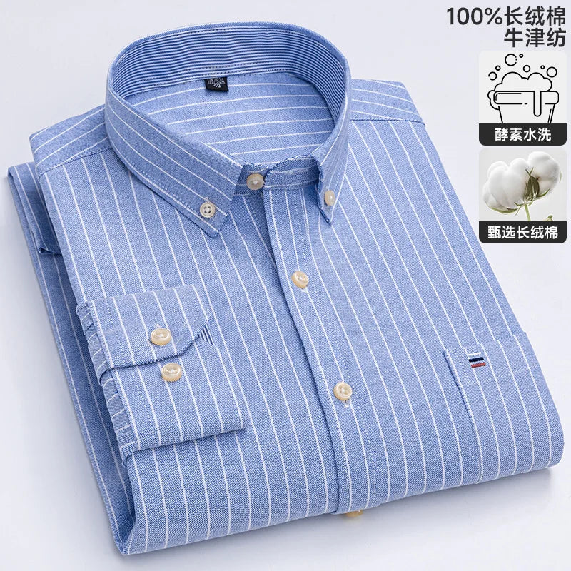 Long-sleeve men's plaid Oxford dress shirt in soft 100% cotton, regular fit, available in 6XL and 7XL sizes.