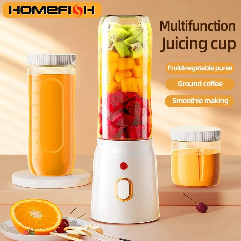 Portable USB blender by Showlu Smart General with 500ML capacity, shown with blender blending fruit in sleek design.
