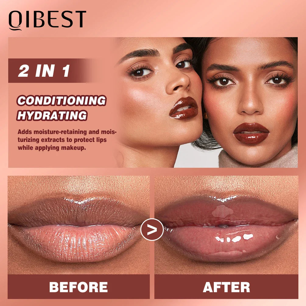 SHOWLU FASHION STORE QIBEST Watery Crystal Jelly Lip Oil with tinted, moisturizing lip glaze, showcasing glossy, vibrant lips.