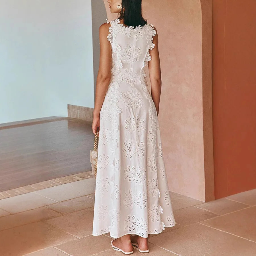 Elegant women's lace embroidery A-line dress by SHOWLU FASHION STORE, slim fit, mid-calf length, perfect for summer occasions.
