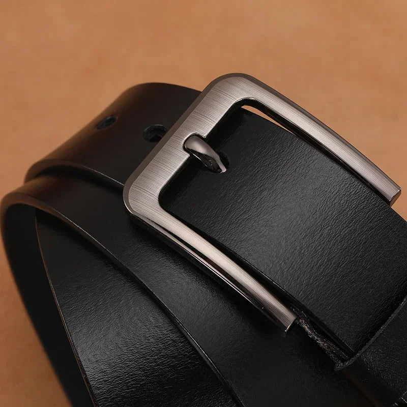 Showlu Men's genuine leather belt with a high-quality pin buckle, plus size, featuring smooth brown leather and durable design.