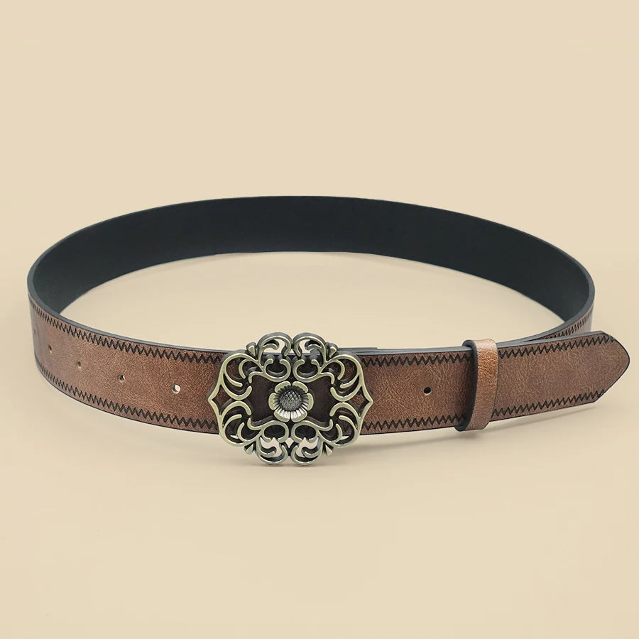 Retro printed Western denim style women's belt with decorative details, showcasing fashionable casual accessory by Showlu Fashion.
