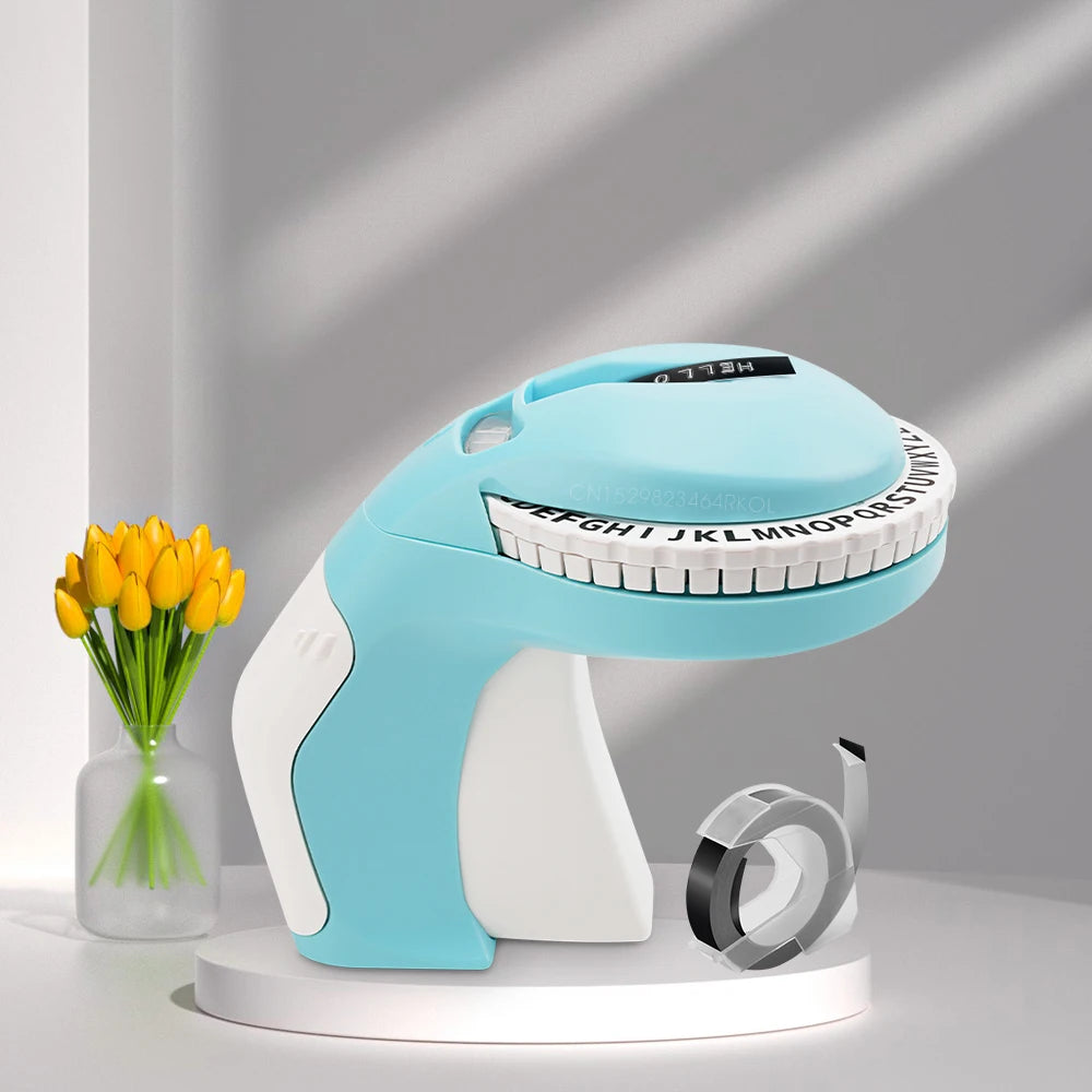 Showlu Smart General manual embossing label maker with 3D tape printer, 9mm width, showcasing the device and embossed labels.