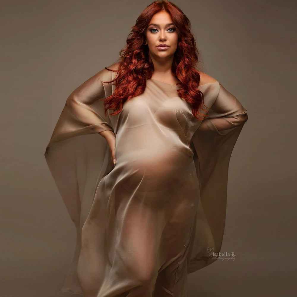 Showlu Maternity chiffon cape in soft tulle, lightweight cloak for photo shoots, featuring delicate, flowy fabric and elegant design.