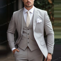 New Beige Business Suit Men Tuxedos Groom Groomsman Prom Wedding Party Formal 3 Piece Set Jacket Vest Pants