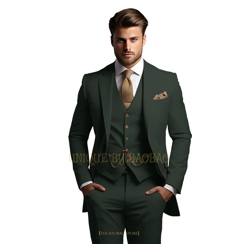 Men's grey 3-piece suit with jacket, vest, and trousers, featuring classic elegant style for wedding or formal events.
