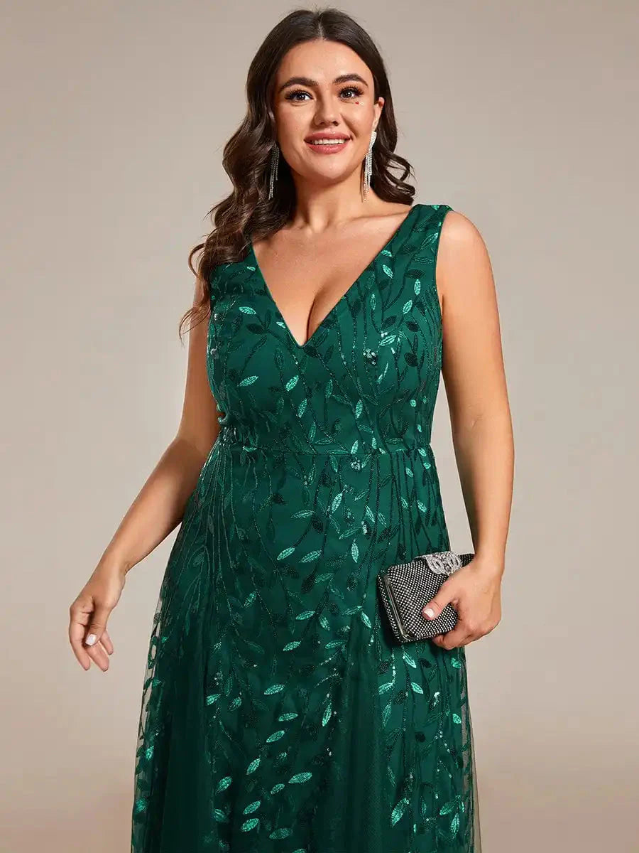 Plus size dark green sequin evening dress with V-neck and A-line silhouette by SHOWLU FASHION STORE