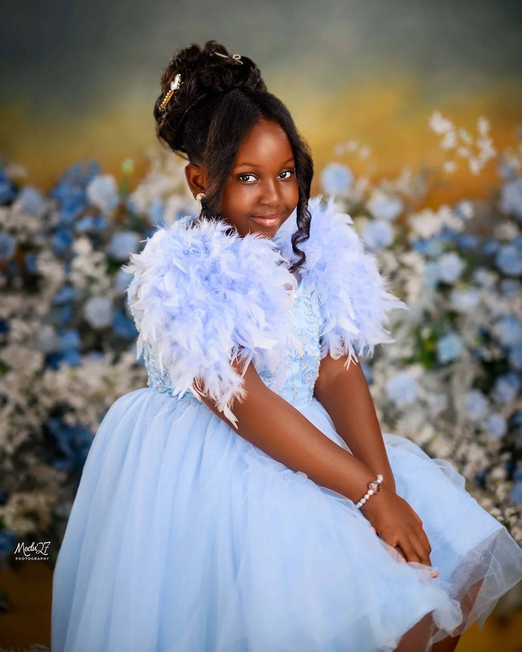 Light Sky Blue Flower Girl Dress Customized Feather Kids Pageant Dresses Luxury Girl Prom Birthday Gown For Photoshoot