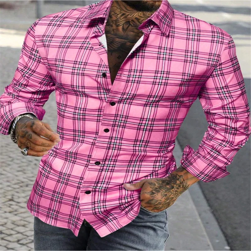 Men's 2024 classic striped plaid long-sleeved shirt in red, casual fashion shirt top by Showlu Fashion Store