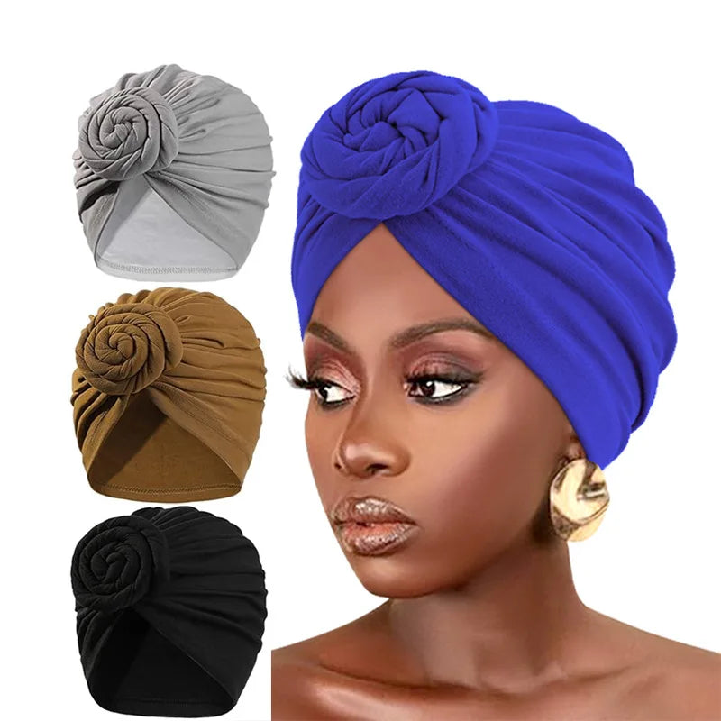 Women’s cotton turban hat with knot design, Muslim hijab head covering, chemo cap, and hair accessory for women.