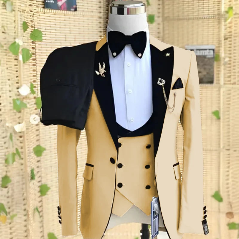Beige formal men's suit 3-piece set with peaked lapel, blazer, pants, and vest, perfect for weddings, business, or parties.