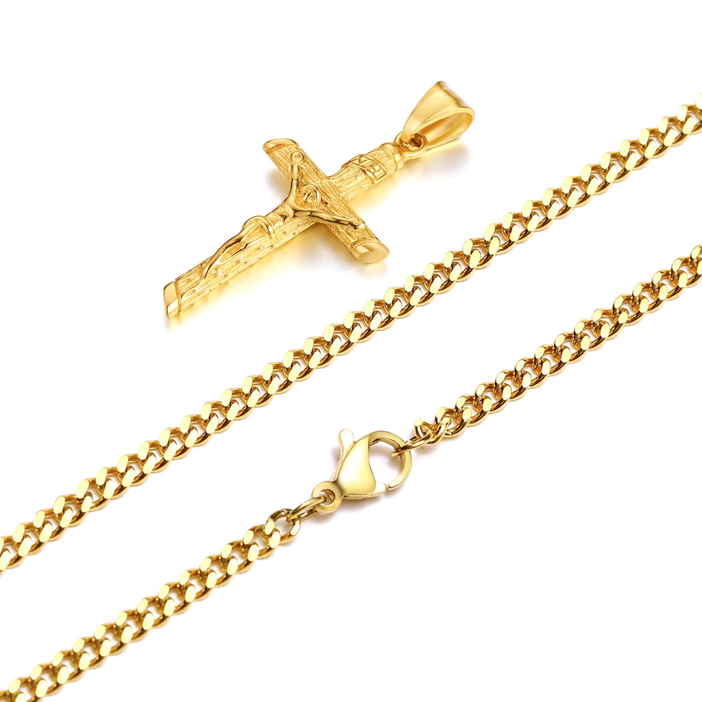 Stainless steel Catholic cross necklace with Jesus pendant in gold color, faith jewelry for men and women, prayer and gift accessory.