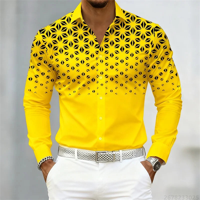 Men's long sleeve shirt in geometric print with 17 colors, slim fit, casual style, trendy lapel, from Showlu Fashion Store.