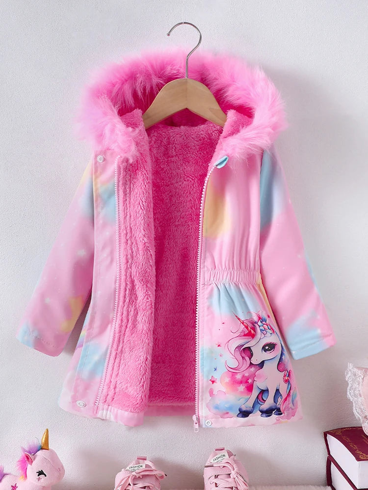 Pink unicorn winter coat for girls by Showlu Fashion, thick cotton padded jacket with cozy insulation and playful unicorn design.