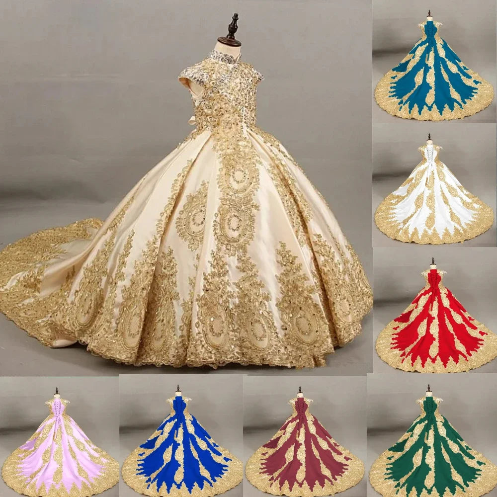 JDY custom girls' sleeveless ball gown with gold lace embroidery and long train, elegant princess dress for special occasions