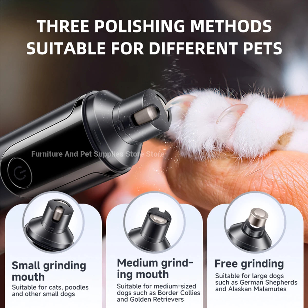Electric dog nail grinder from Showlu Fashion Store with USB recharge, painless trimmer and polishing wheel for small and large pets.