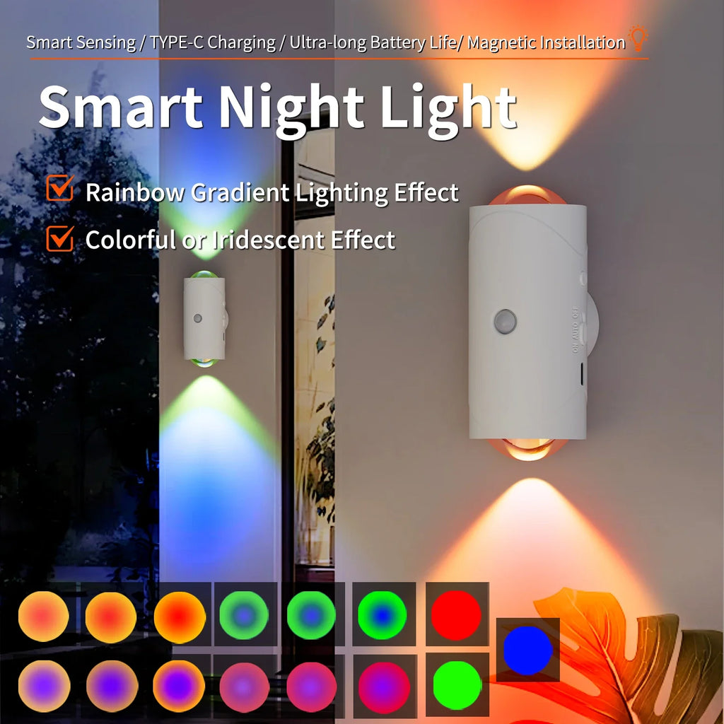 Showlu Smart Venuswing Magnetic Motion Sensor RGB Night Light, showcasing its sleek design and colorful LED lighting in a modern setting.