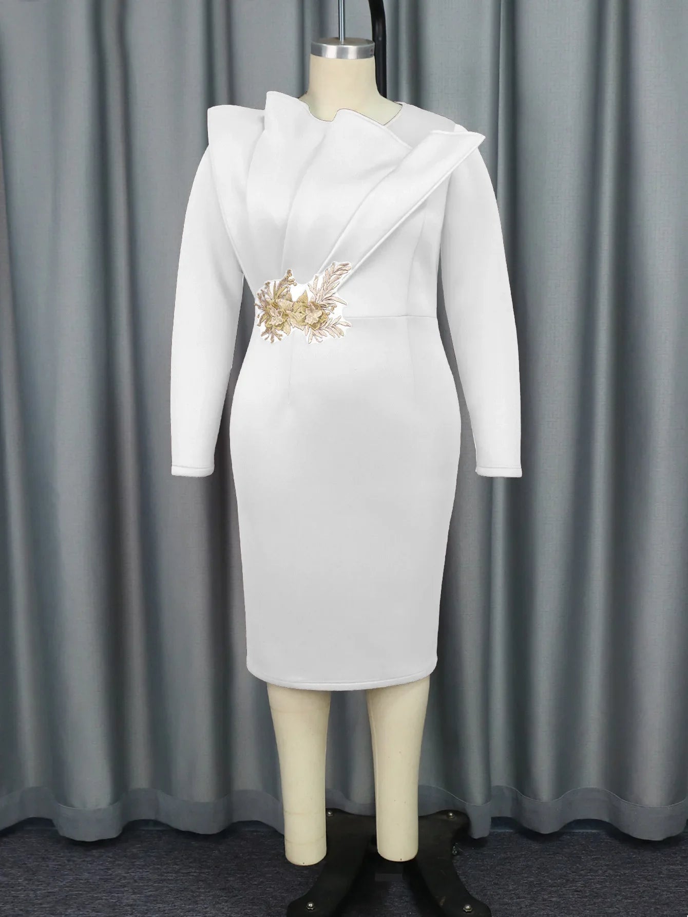SHOWLU Lace Applique Church Dress, long sleeve bodycon wedding guest gown with elegant lace details and fitted silhouette.