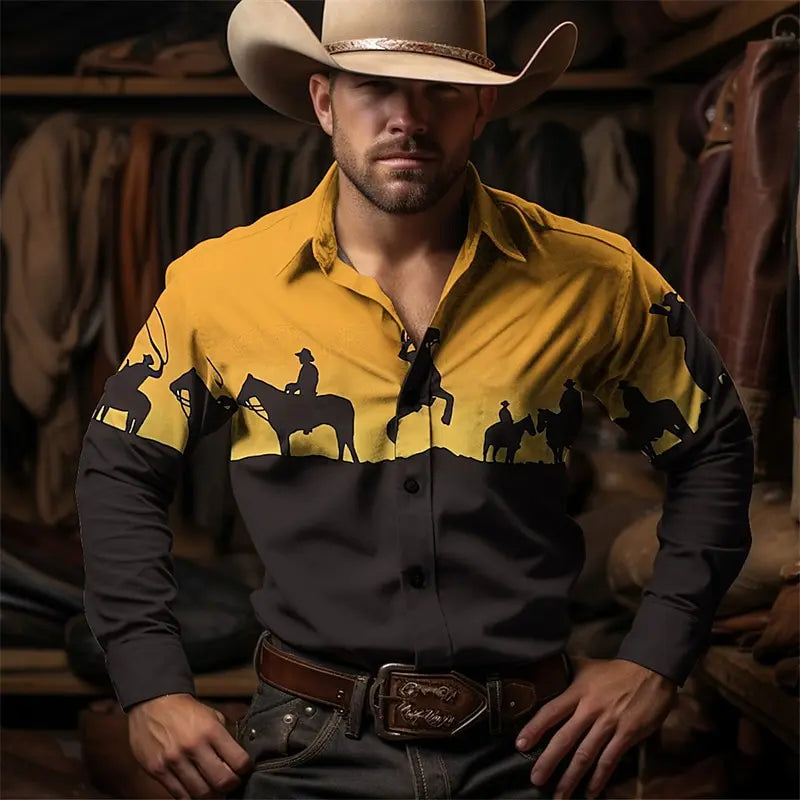 Men's long-sleeved floral leopard print retro western shirt with lapel, casual outdoor street style for autumn and winter.