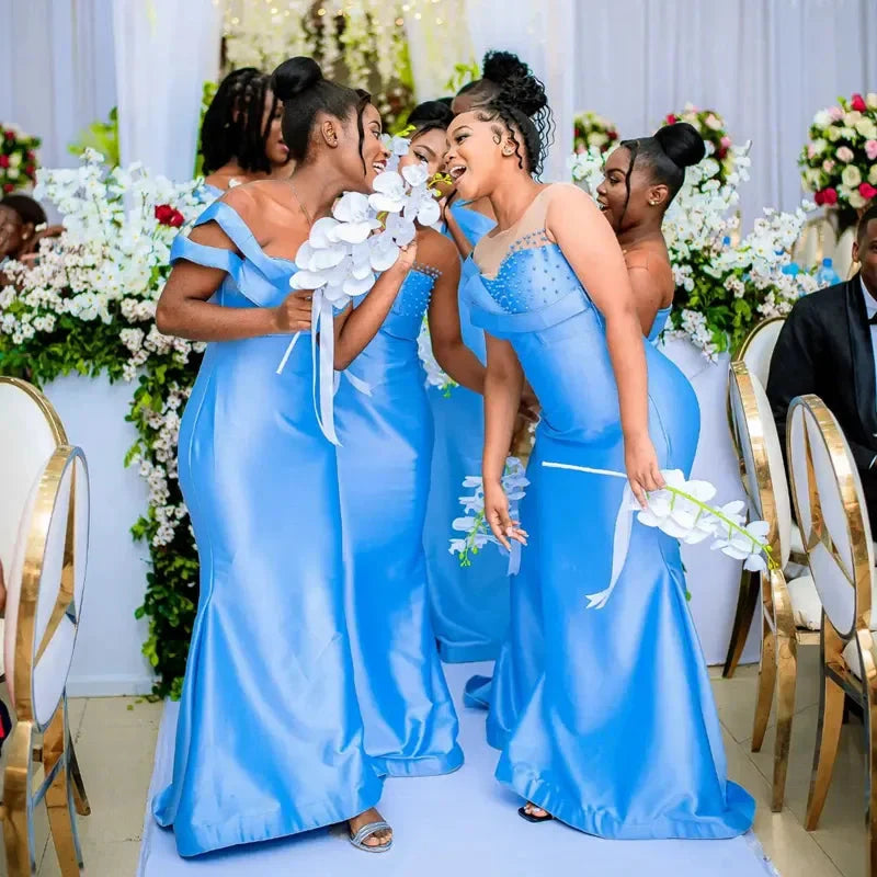 FEN SI Pearl Beaded Mermaid Bridesmaid Dress by SHOWLU FASHION STORE featuring sheer neck tulle gown with pearl embellishments