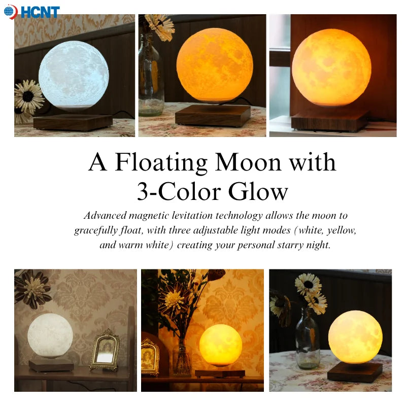 Magnetic levitating Moon Lamp by Showlu Smart General floating above a base with realistic moon surface details.