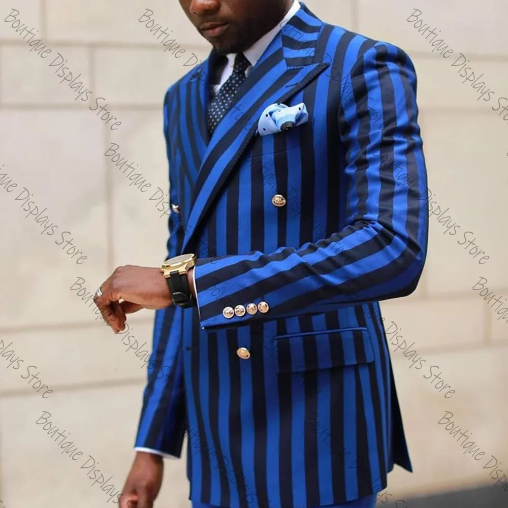 Blue and black striped double-breasted men's suit with jacket and pants, perfect for casual, party, prom, or wedding occasions.