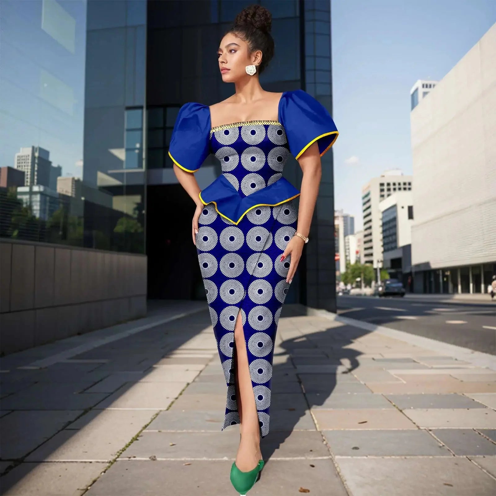 African print women's Ankara square neck puff sleeve A-line dress with vibrant patterns and a fitted waist from SHOWLU FASHION STORE.